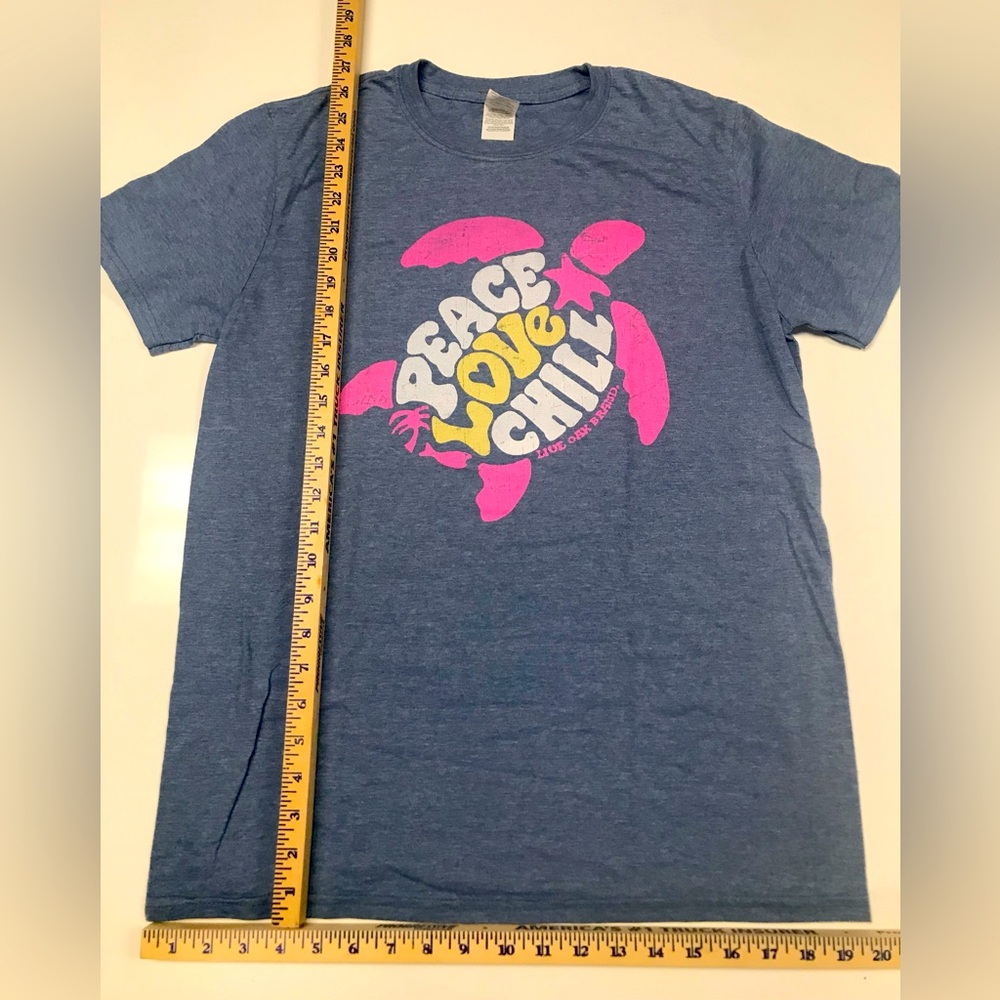 PEACE, LOVE, CHILL (Live Oak Brand) short sleeved tshirt, size women’s M.